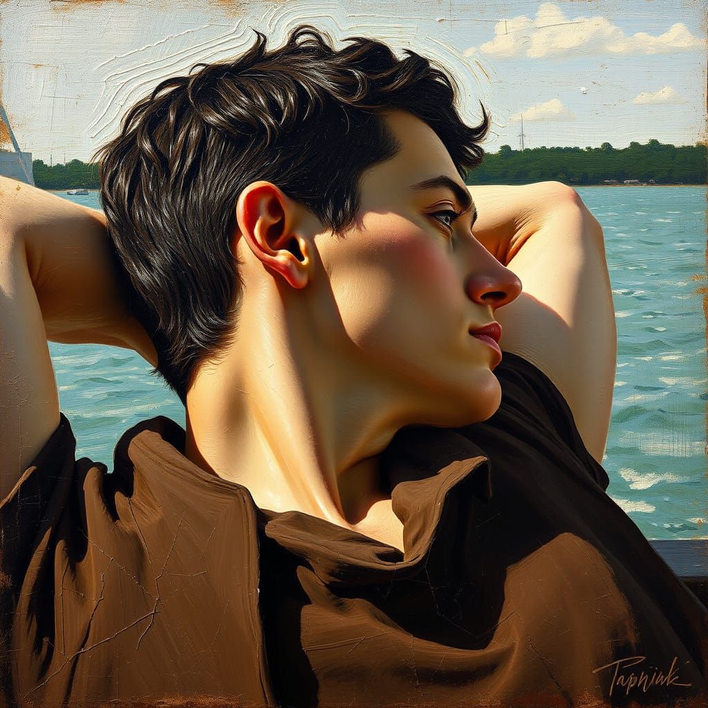 Impressionist Painting of Figure Relaxing by Lake