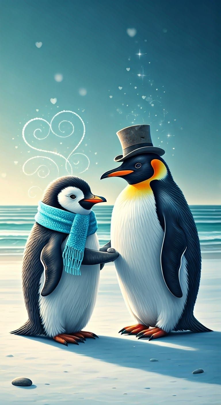 Romantic Penguin Couple on a Snowy Beach