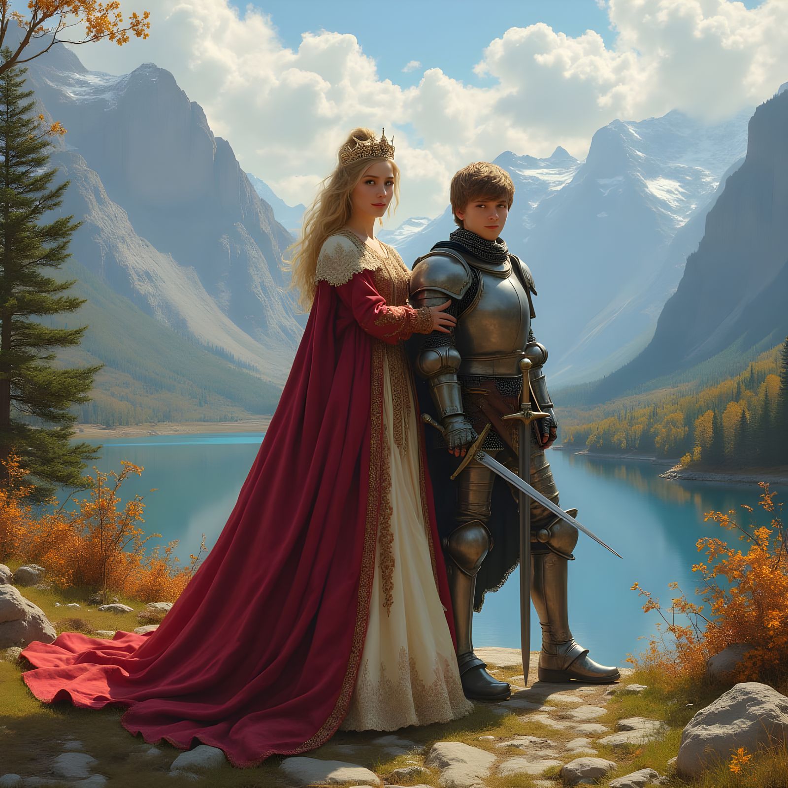 Ethereal Queen and Young Knight in Autumnal Landscape