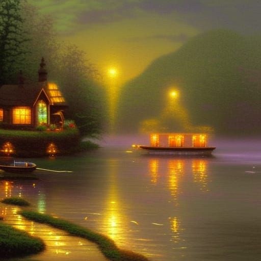 Houseboat on River at Twilight in Kinkade Style