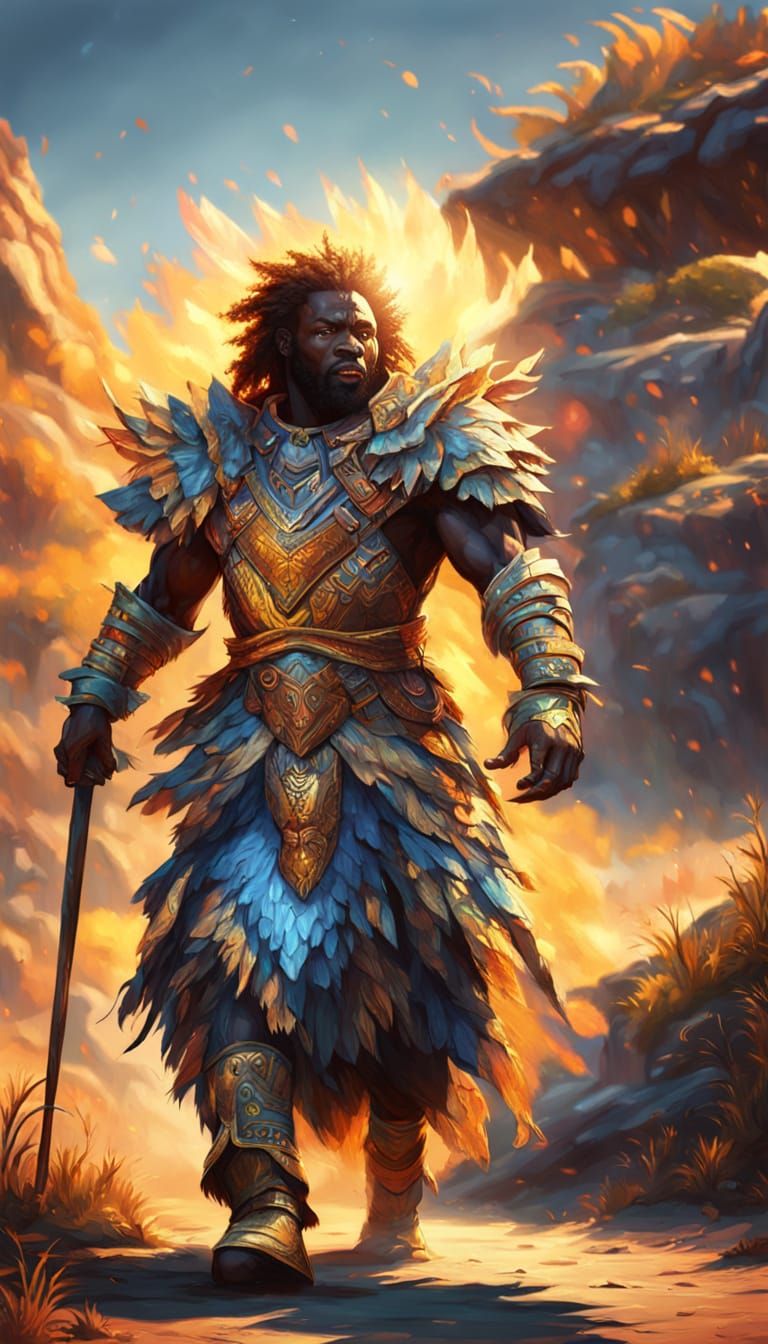 Leonine Humanoid Walks in a Stone Age Landscape