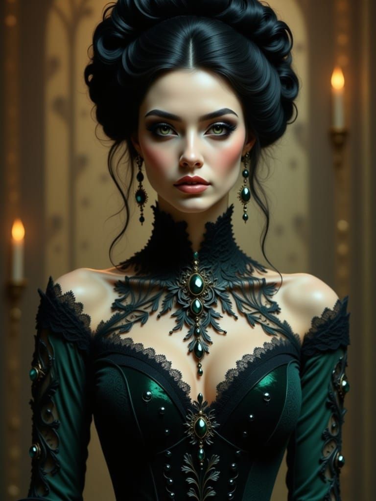 Regal Victorian Lady in Dark Green Velvet Gown
