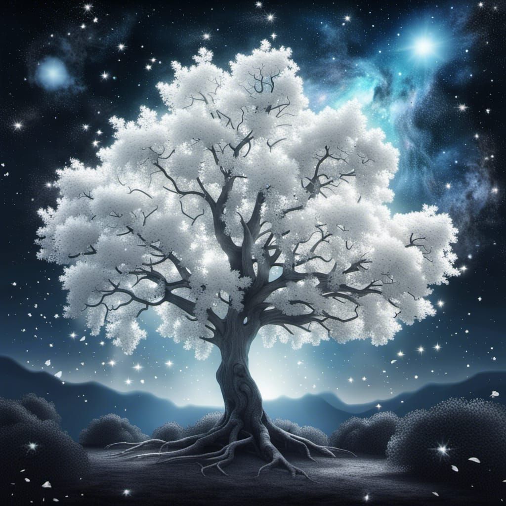 Luminescent Ancient Tree Under a Starry Sky
