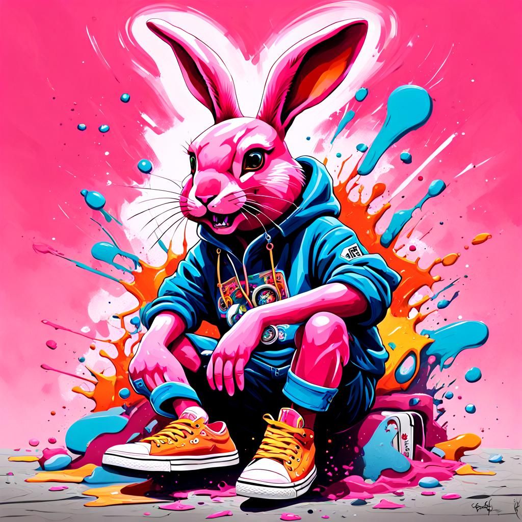 Graffiti Art: Pink Rabbit with Diamond Teeth
