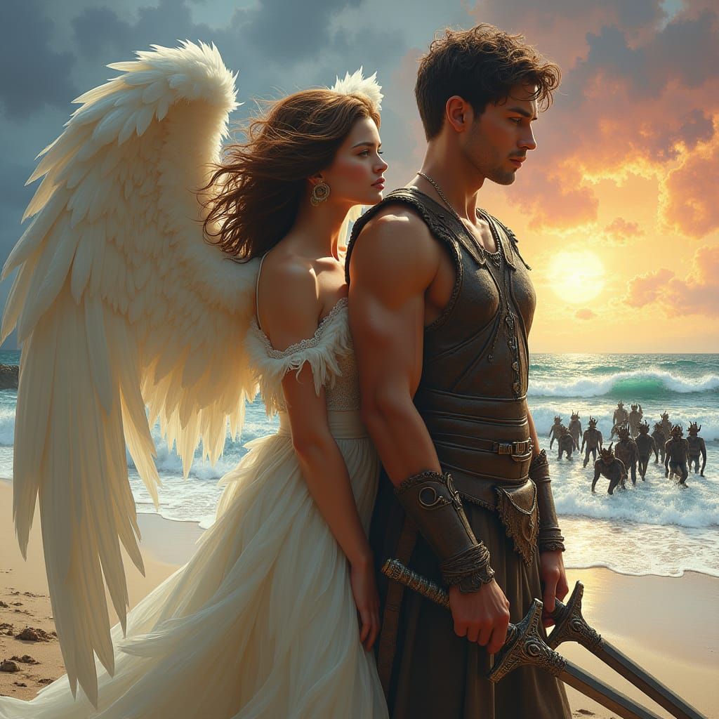 Angel and Warrior Battle Demons on a Beach