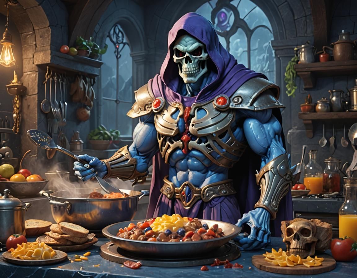 Skeletor cooking breakfast, masters of the universe, MOTU,