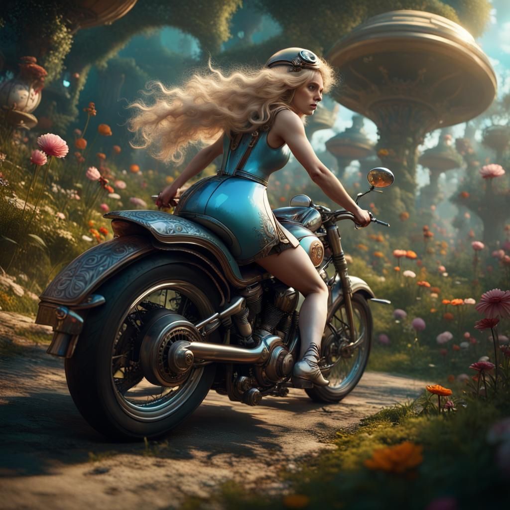 Alice in Wonderland Motorcycle Ride: Dark Fantasy Art