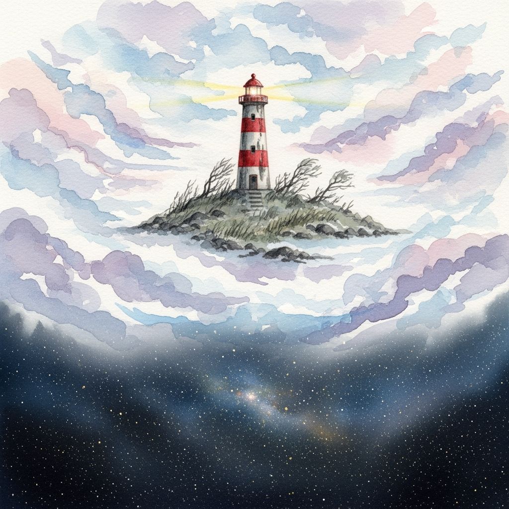 Watercolor Lighthouse Amidst Cosmic Clouds