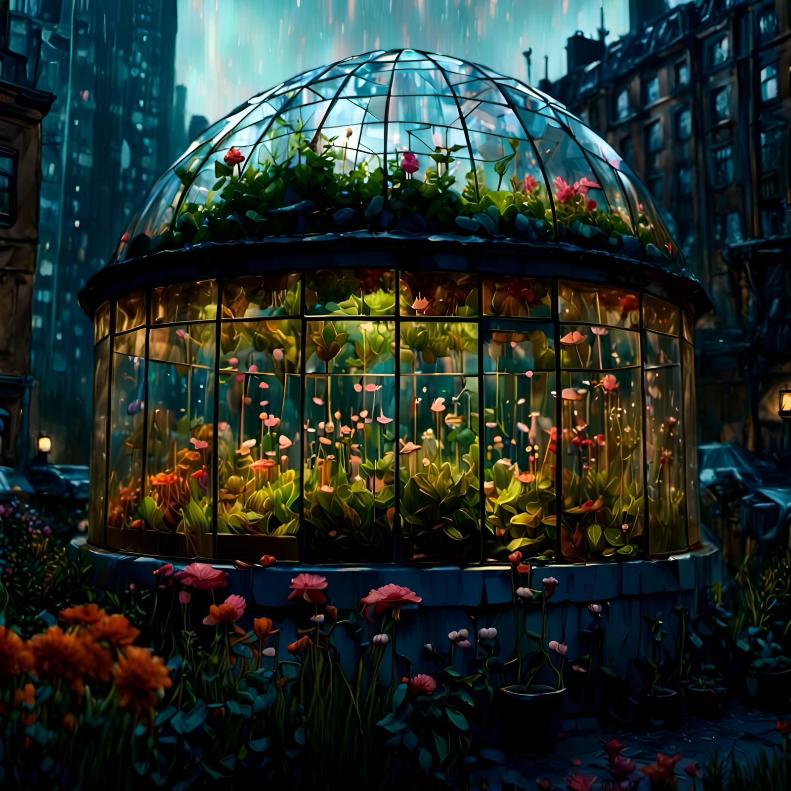 Urban Garden Inside Glass Dome at Night
