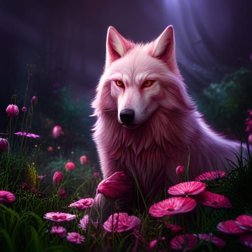 Pink Wolf with Flowers: Detailed Fantasy Art