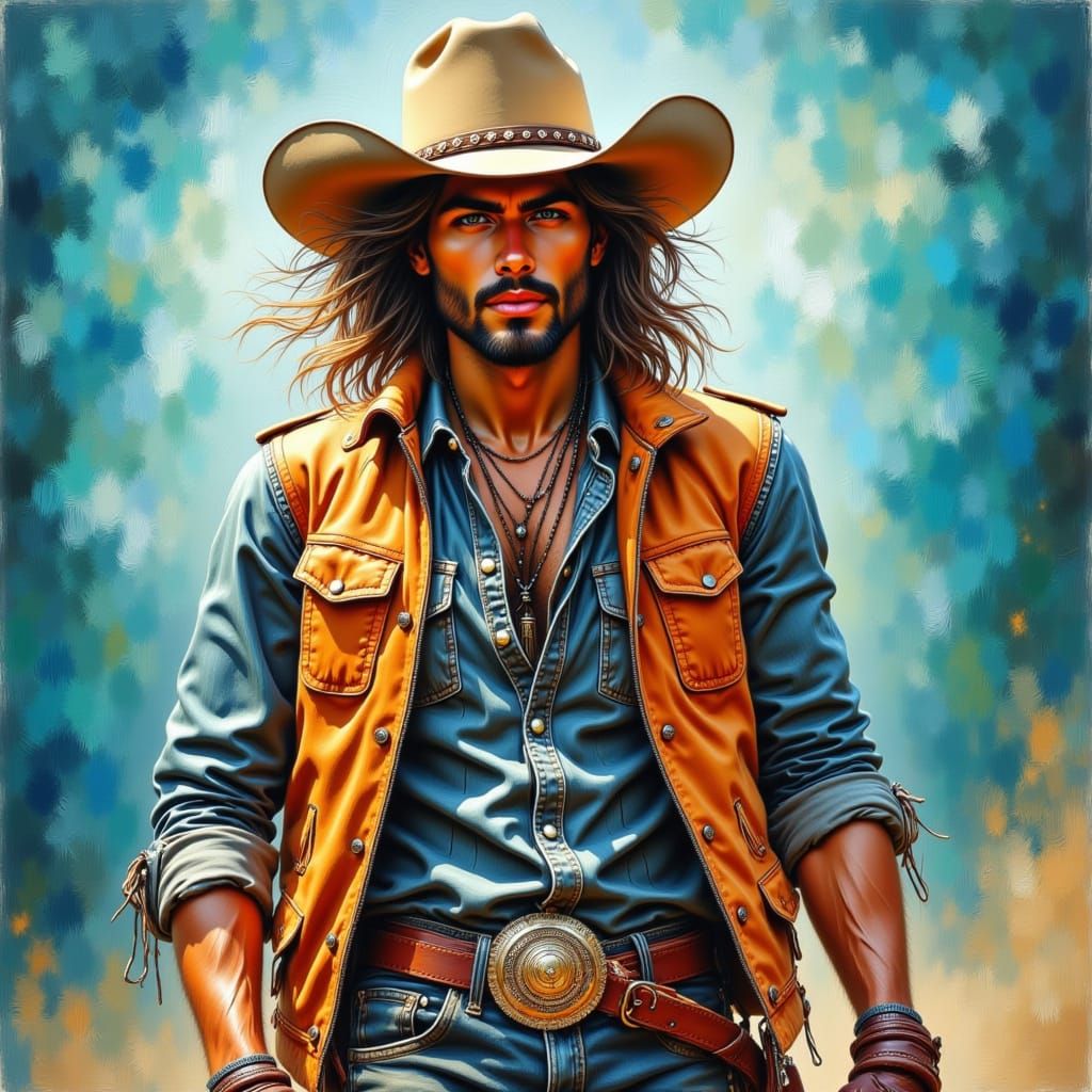 Rugged Rodeo Man in Vibrant Turquoise Landscape