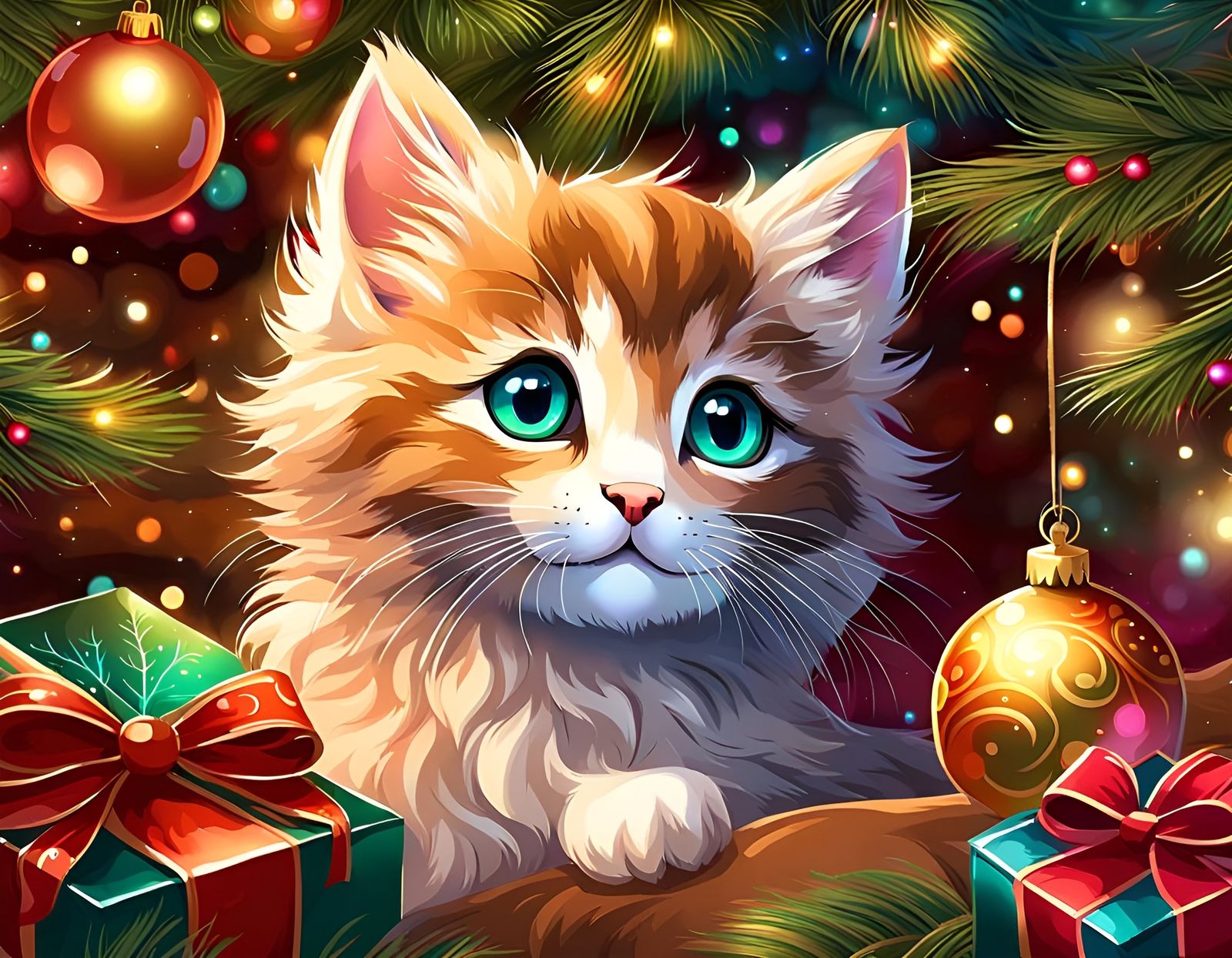 Festive Kitten under Christmas Tree in Digital Art