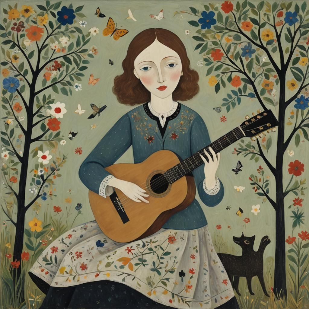 Girl Plays Guitar in Naive Art Style