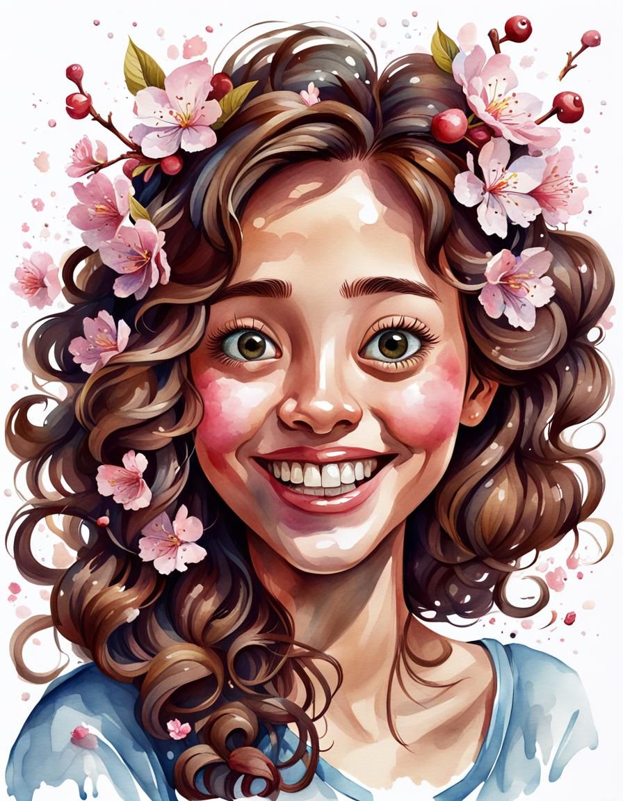 Funny Watercolor Caricature with Cherry Blossoms