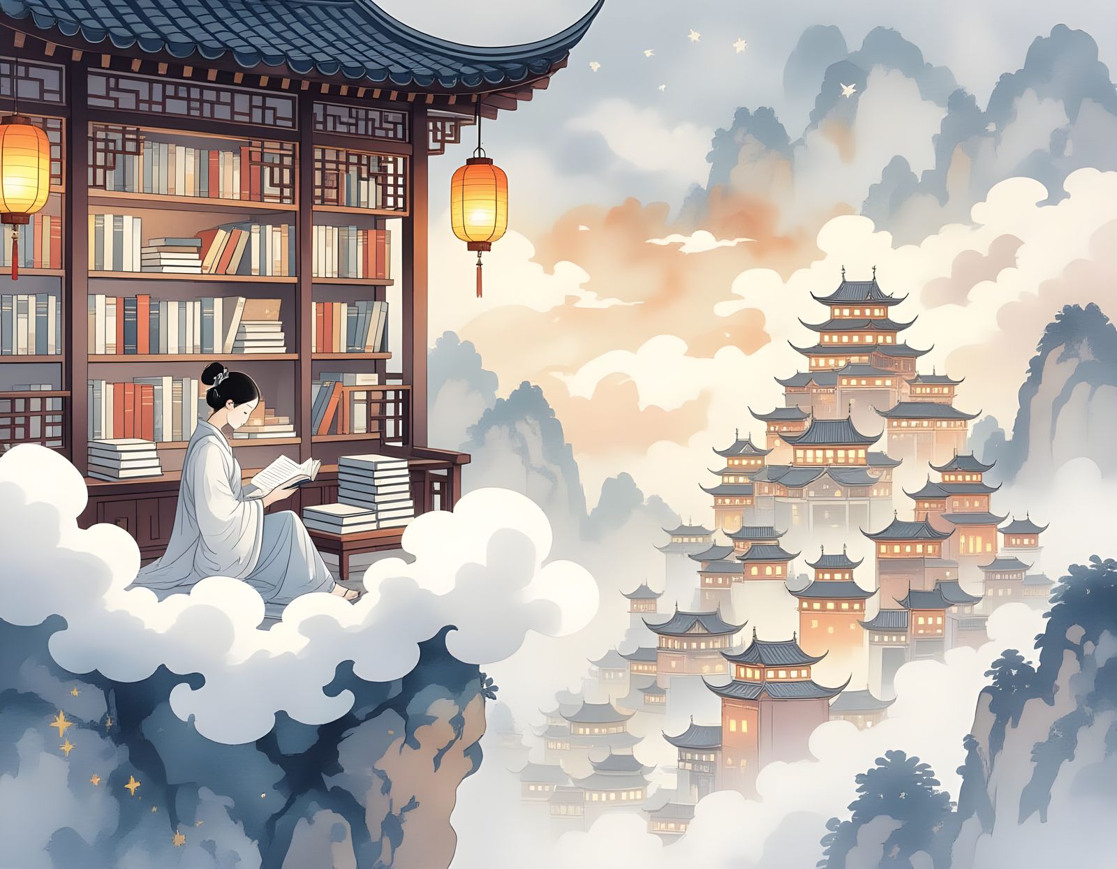 Secluded Cloud Library in Chinese Ink Painting