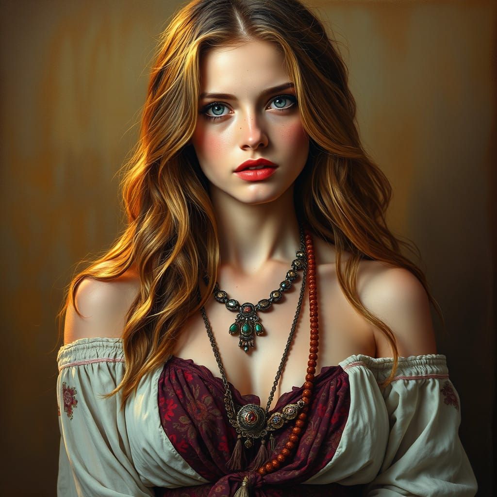 Ethereal Bohemian Woman in Hyper-Realistic Oil Painting