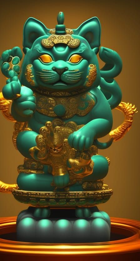 Jade Oni Maneki-Neko Statue Radiating Energy