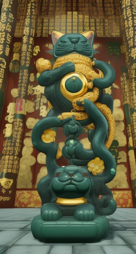 Hyperrealistic Jade Oni Maneki-Neko Statue on Golden Altar