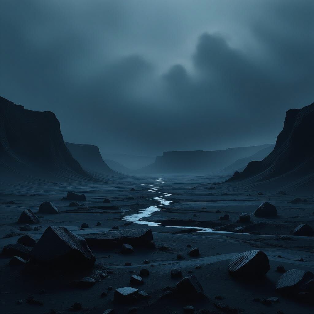 Ominous Darkness Over Barren Black Rock Landscape