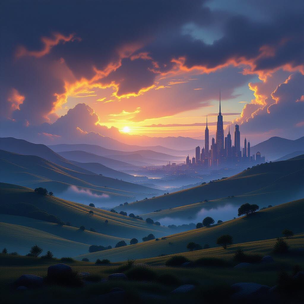 Epic Landscape with Dark Fantasy and Cyberpunk Elements