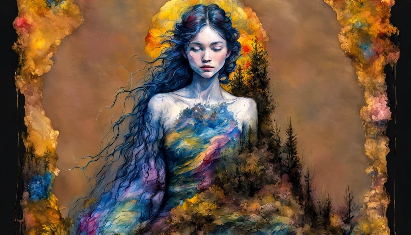 Encaustic Spring Landscape with Chaotic Sunset