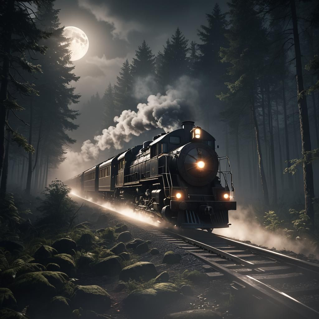 Moonlit Train in Misty Forest: 3D Rendering