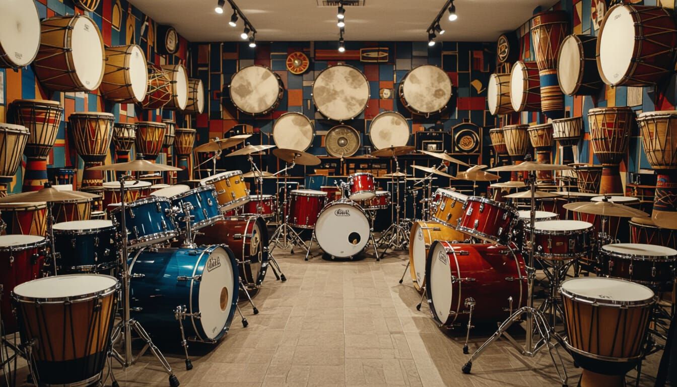 Diverse Drum Collection in Atmospheric Music Store