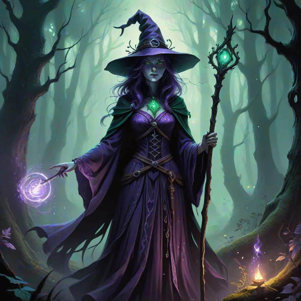 Mystical Purple Witch in Dark Forest Digital Art