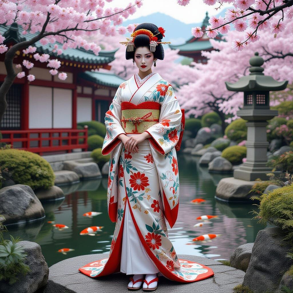 Geisha in Latex Kimono in Japanese Garden