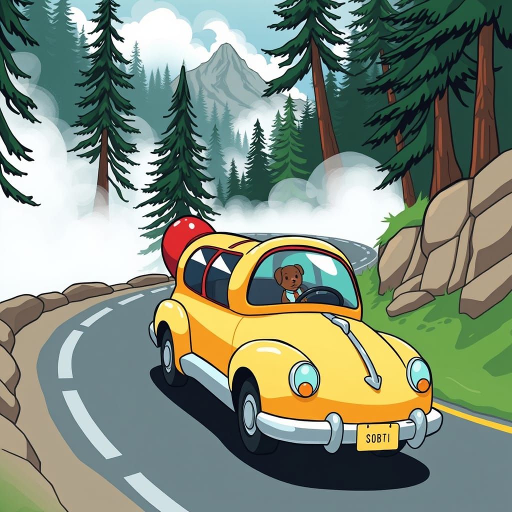 Hot Dog Car Speeds Down a Mountain Road