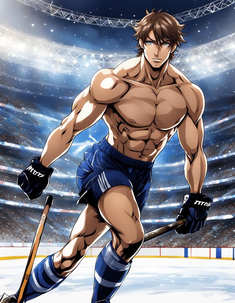 Muscular Nude Male in Anime Style Hockey Scene
