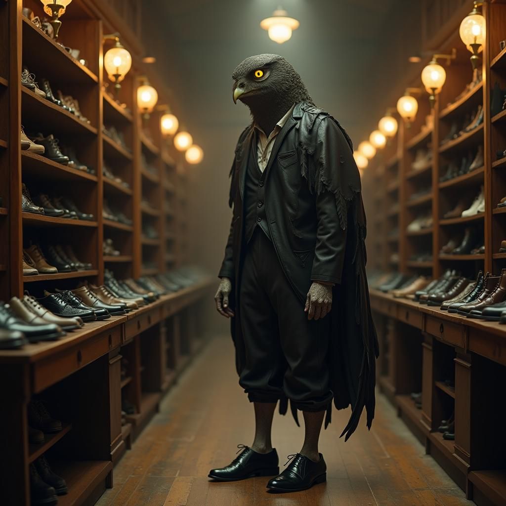 Human-Owl Hybrid Shoe Shopping in 1930s Style