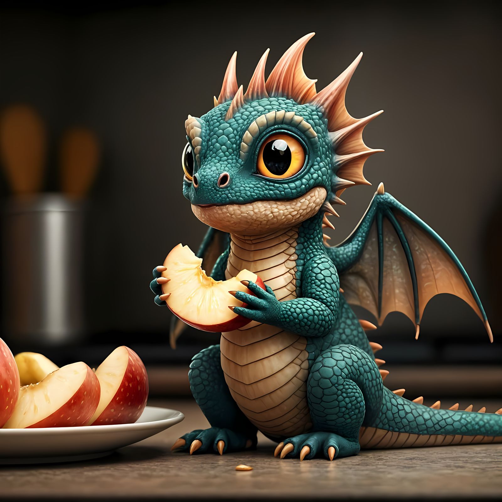 Super cute miniature baby dragon eating a slice of apple