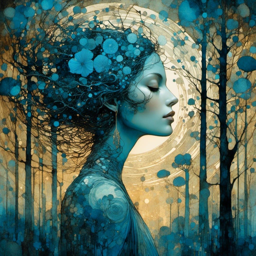 Woman in Woods at Sunset in Art Brut Style