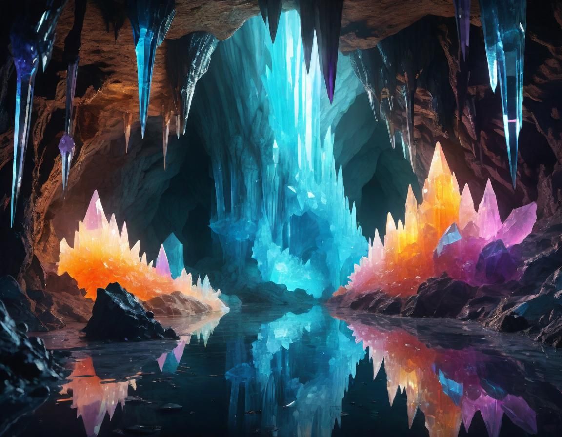 Glowing Crystal Cave with Water Reflections
