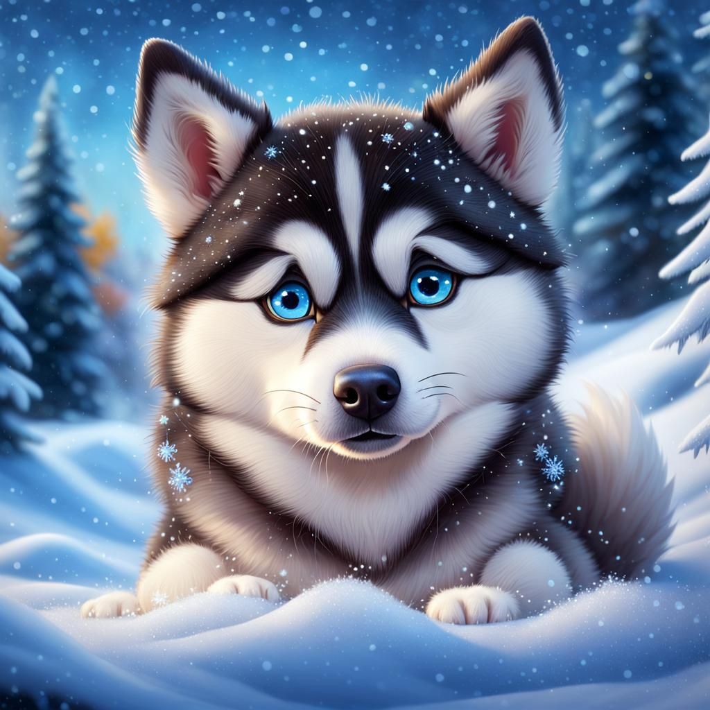Sad Husky Puppy in Pixar Style Caricature