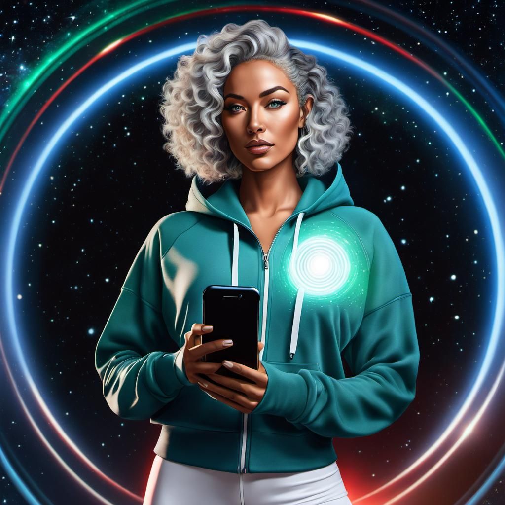 Woman Controlling Universe with iPhone: Astral Illustration