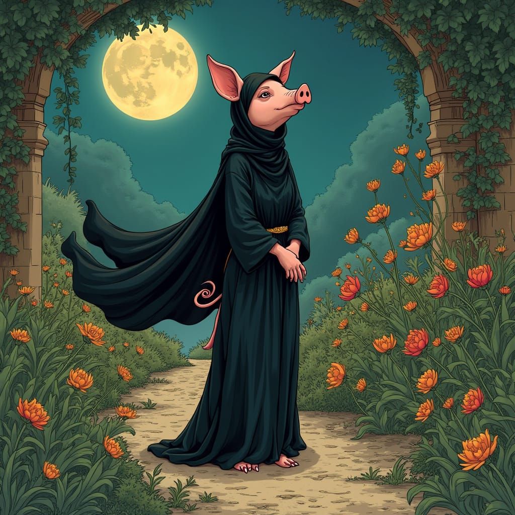 Surreal Pig Woman Stands in Moonlit Garden