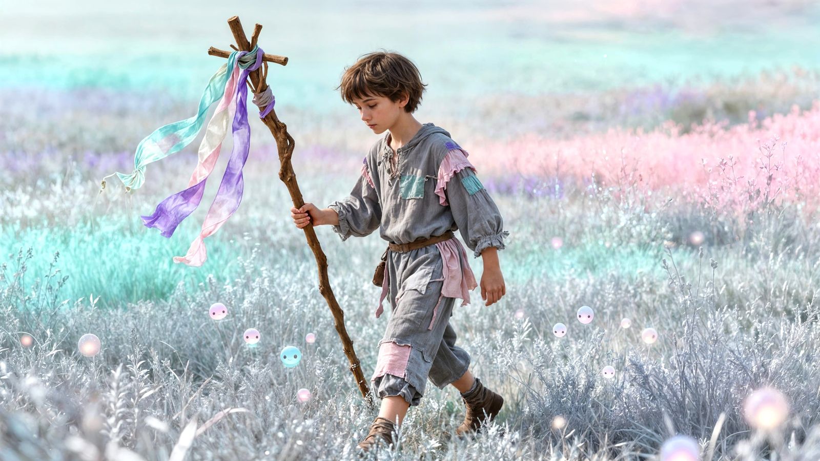 Whimsical Child Exploring Pastel Meadow with Rainbow Staff
