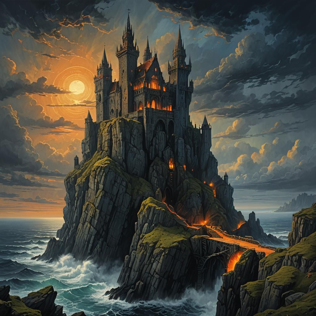 Grotesque Castle Overlooking Asturias in Dark Fantasy Art