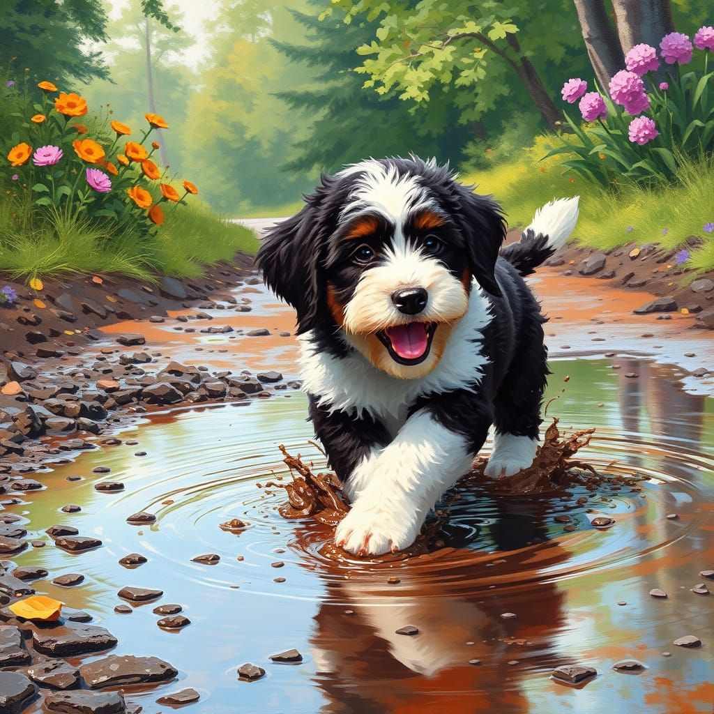 Whimsical Bernedoodle Puppy in a Muddy Puddle Scene