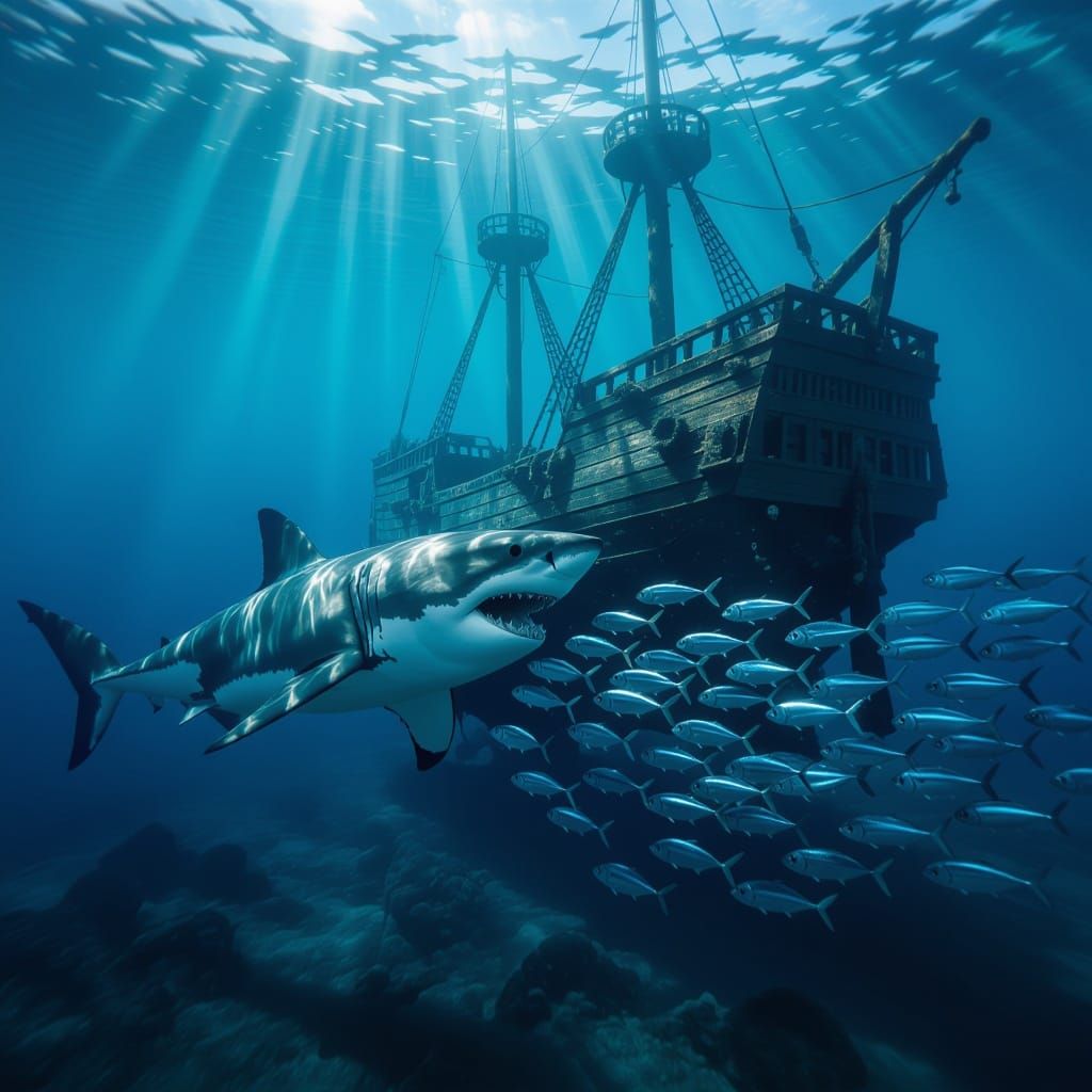 Great White Shark Feeds Amidst Sunken Ship