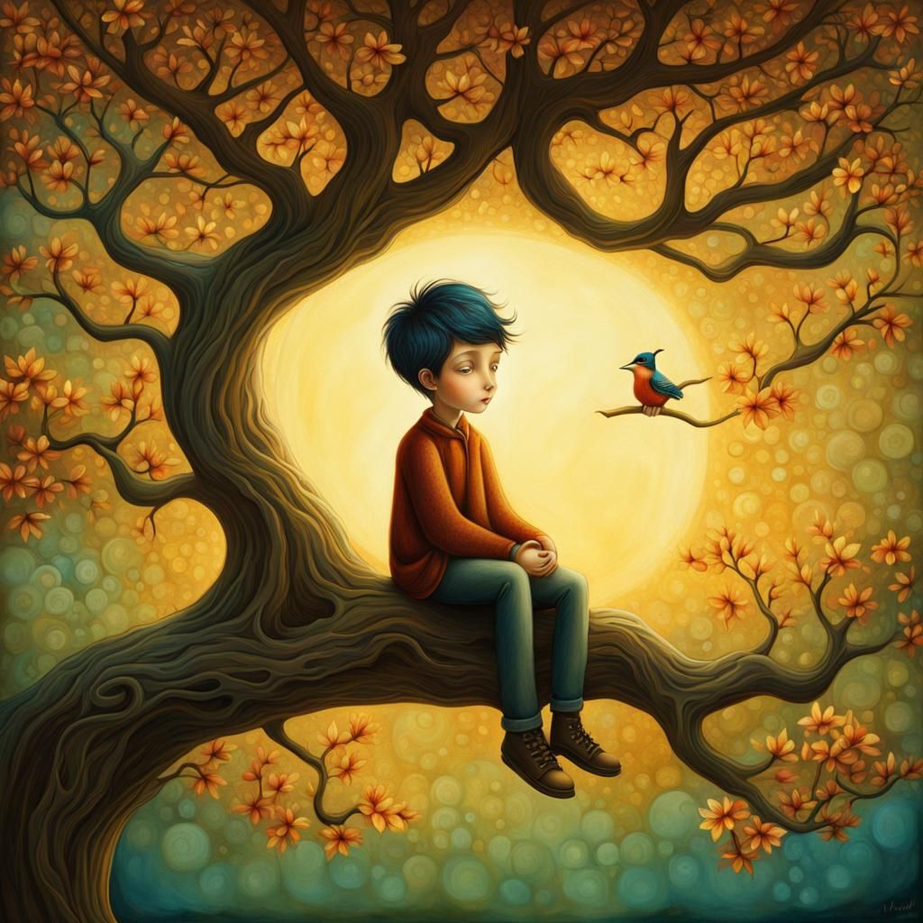 Boy on Branch: Digital Painting Illustration