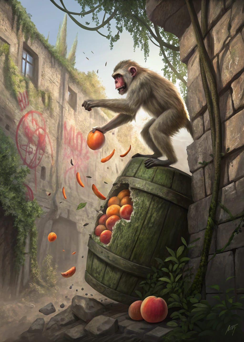 Monkey's Peach Attack on Graffiti Wall in Stylized Realism