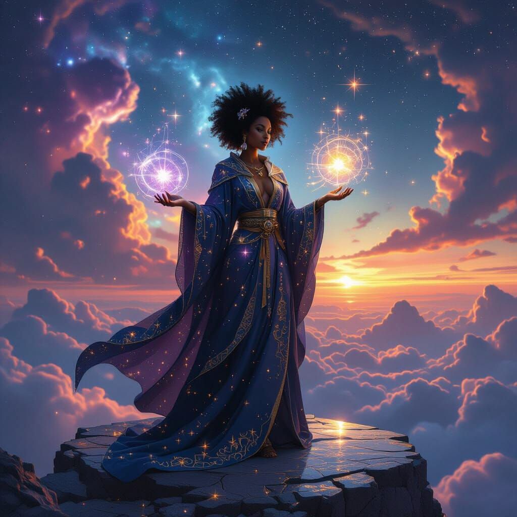 Afro-Latina Sorceress Conjuring Light in Nebula