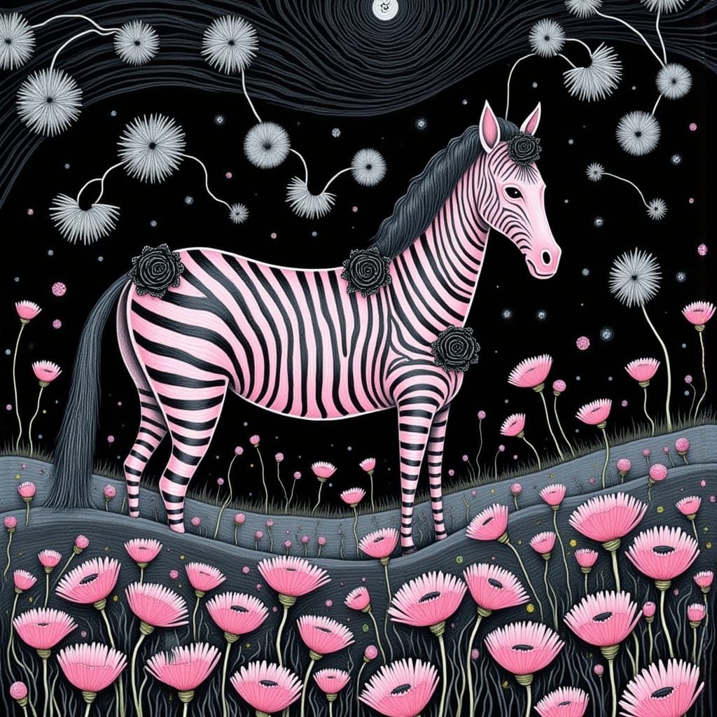 Gothic Zebra in Dreamscape of Dandelions, Inspired by Surrea...