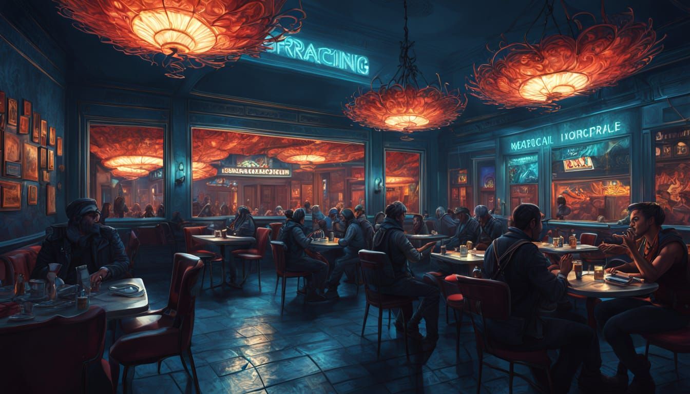 Bikers in Retro Abstract Cafe with Dancing Women