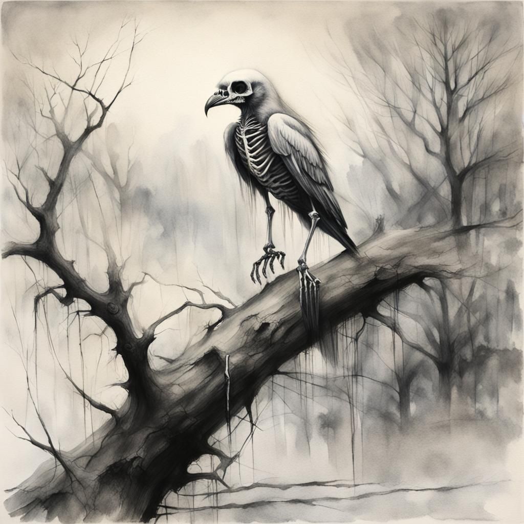 Surreal Horror: Bird Skeleton on Dead Tree