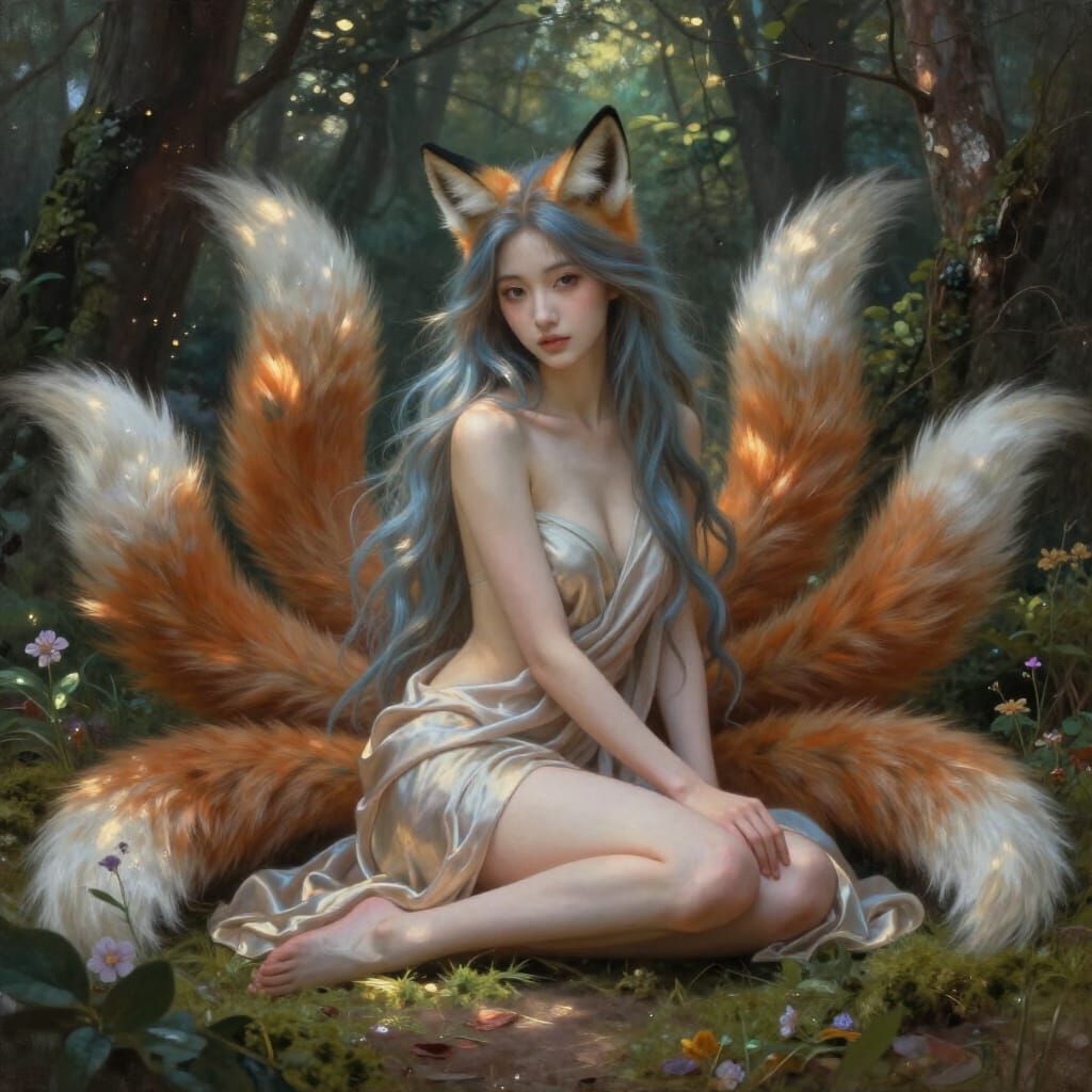 Sensual Kitsune in Forest, Art Nouveau Tonalism Style