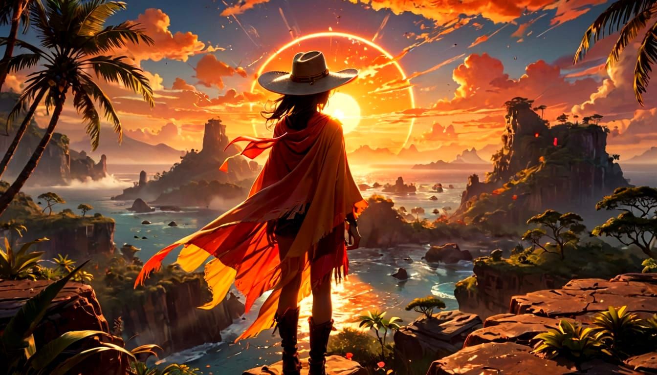 Solarpunk Androgynous Figure at Tropical Sunset